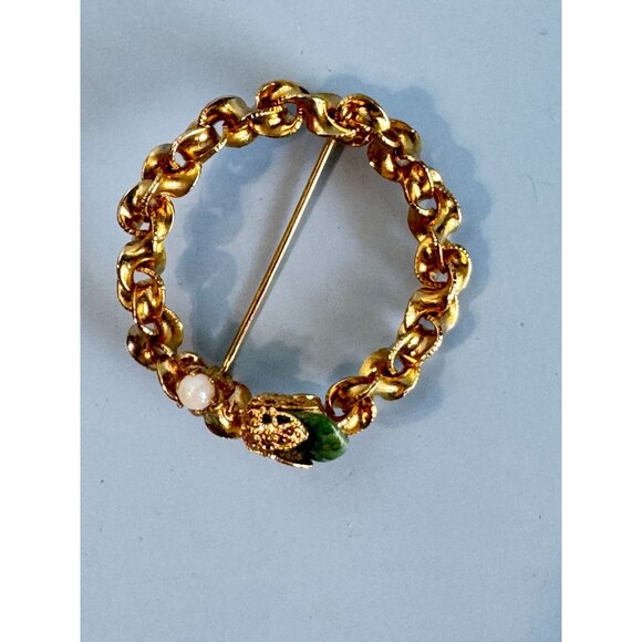 Vintage Karu Arke Inc. Genuine Jade & Cultured Pearl Gold-Tone Circle Brooch - Picture 4 of 6